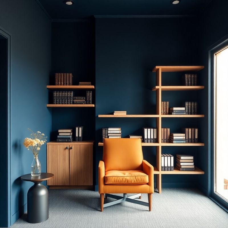 Interior de birou privat cu perete indigo și rafturi din lemn